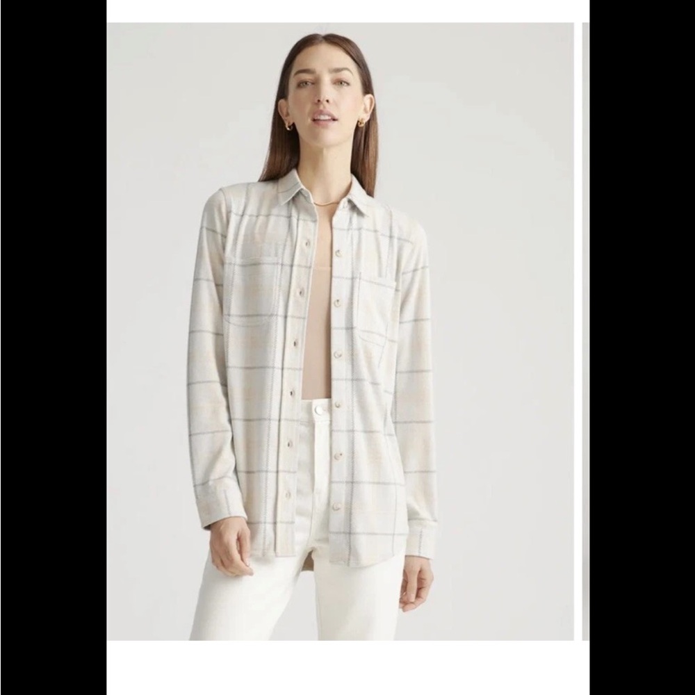 Quince Women's Buttoned Down Sweater Stretch Knit Plaid Fleece Shirt Size Small